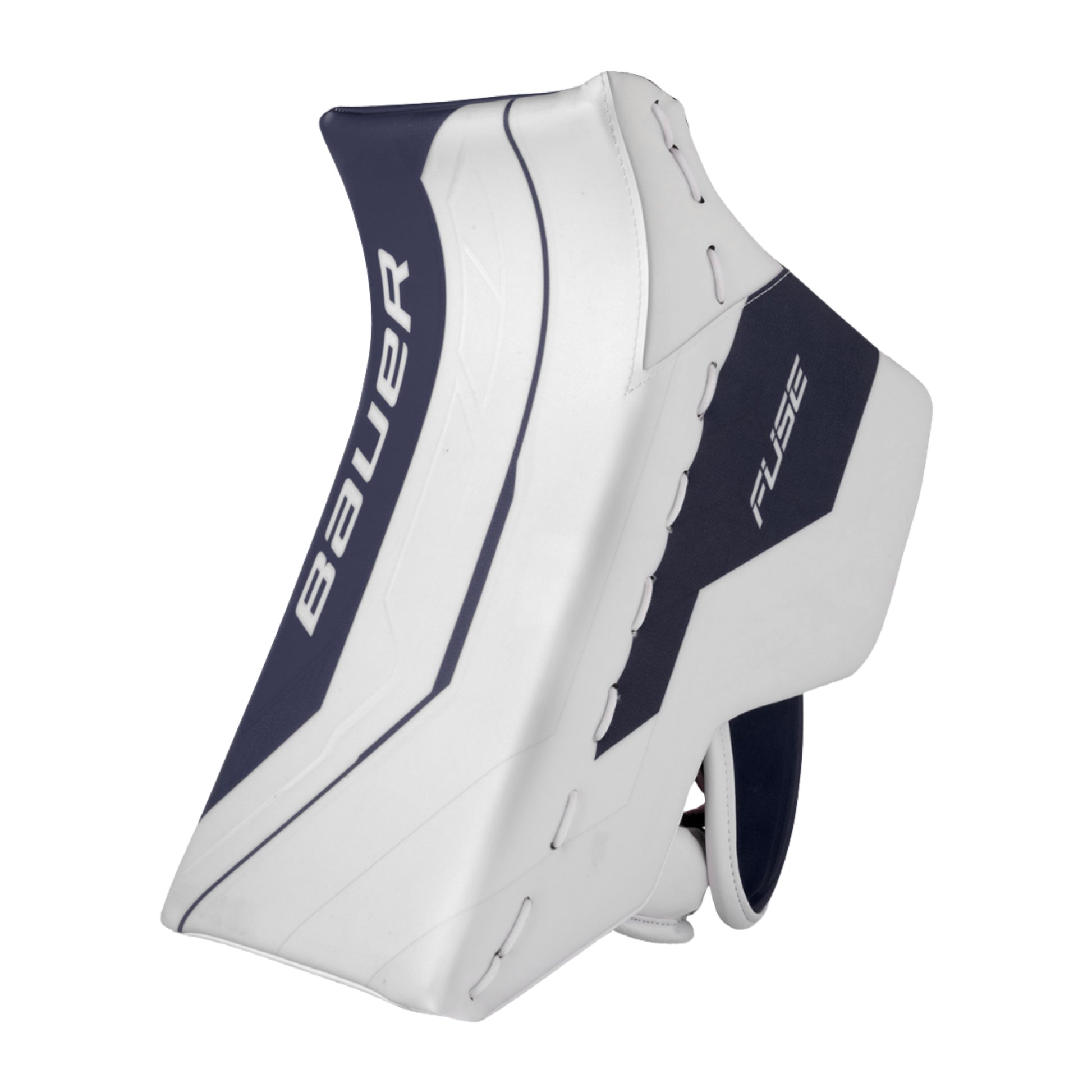 A photo of the Bauer Supreme Fuse Senior Goalie Blocker in colour white and navy.