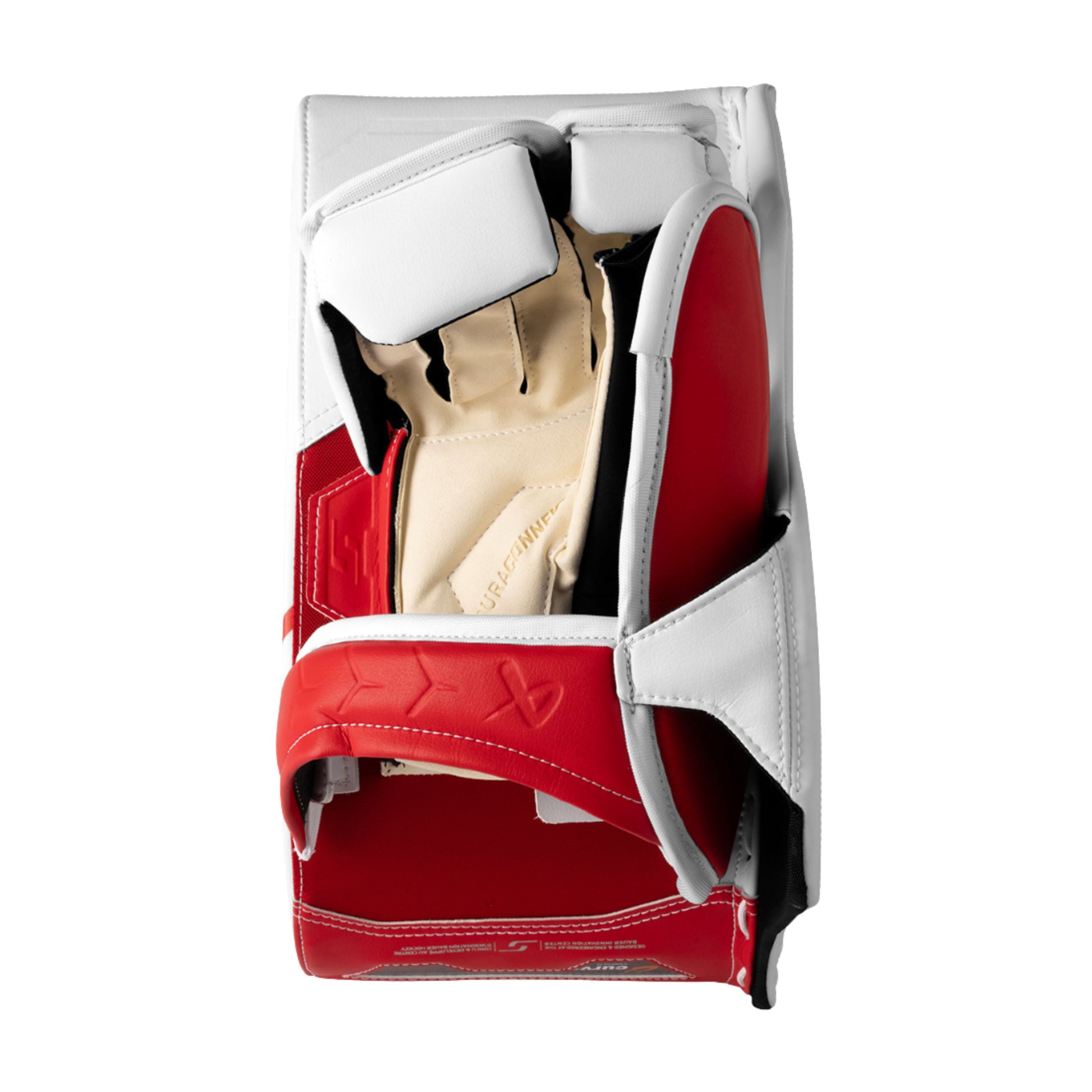 A photo of the Bauer Supreme Fuse Senior Goalie Blocker in colour white and red.