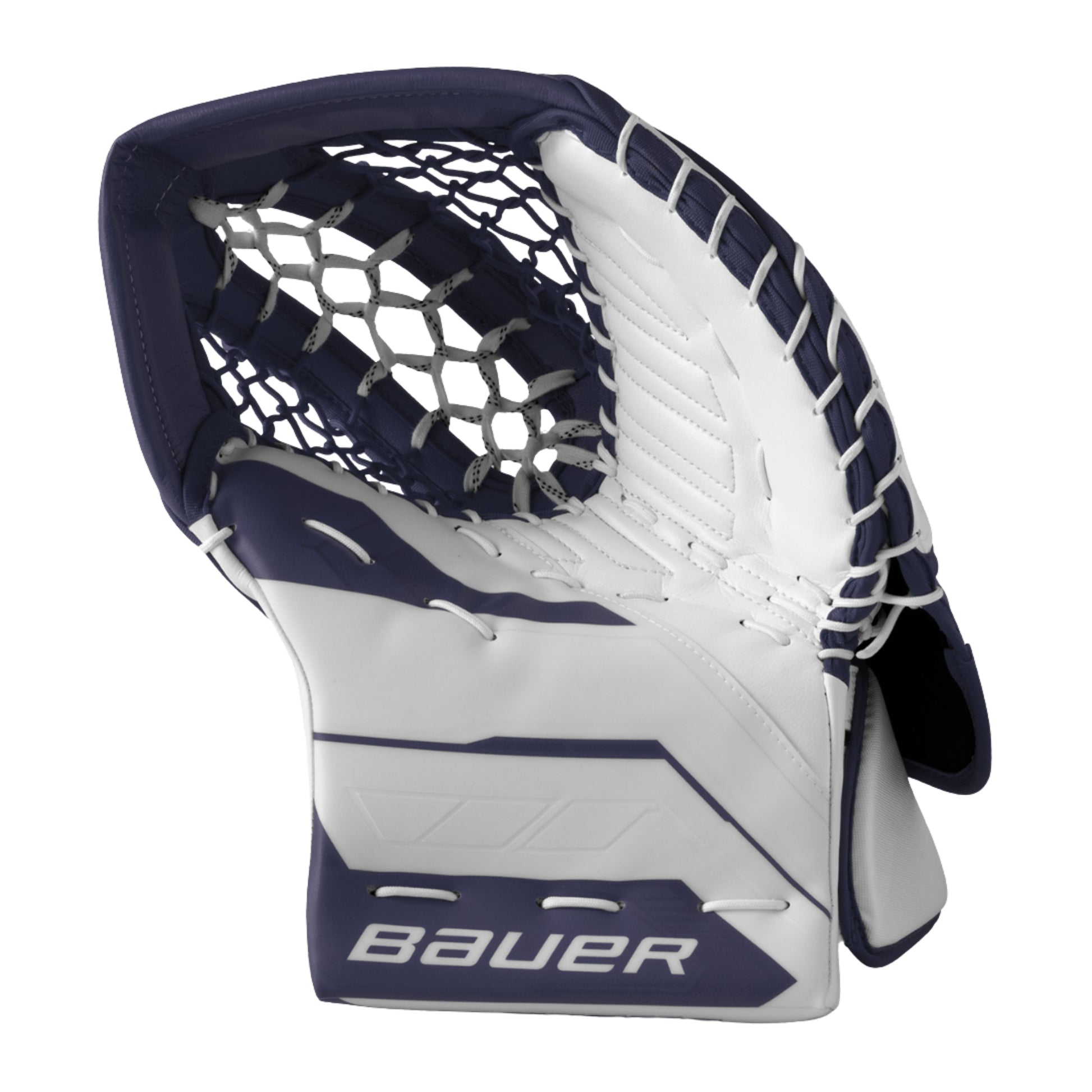 A photo of the Bauer Supreme Fuse Senior Goalie Catcher in colour white and navy.
