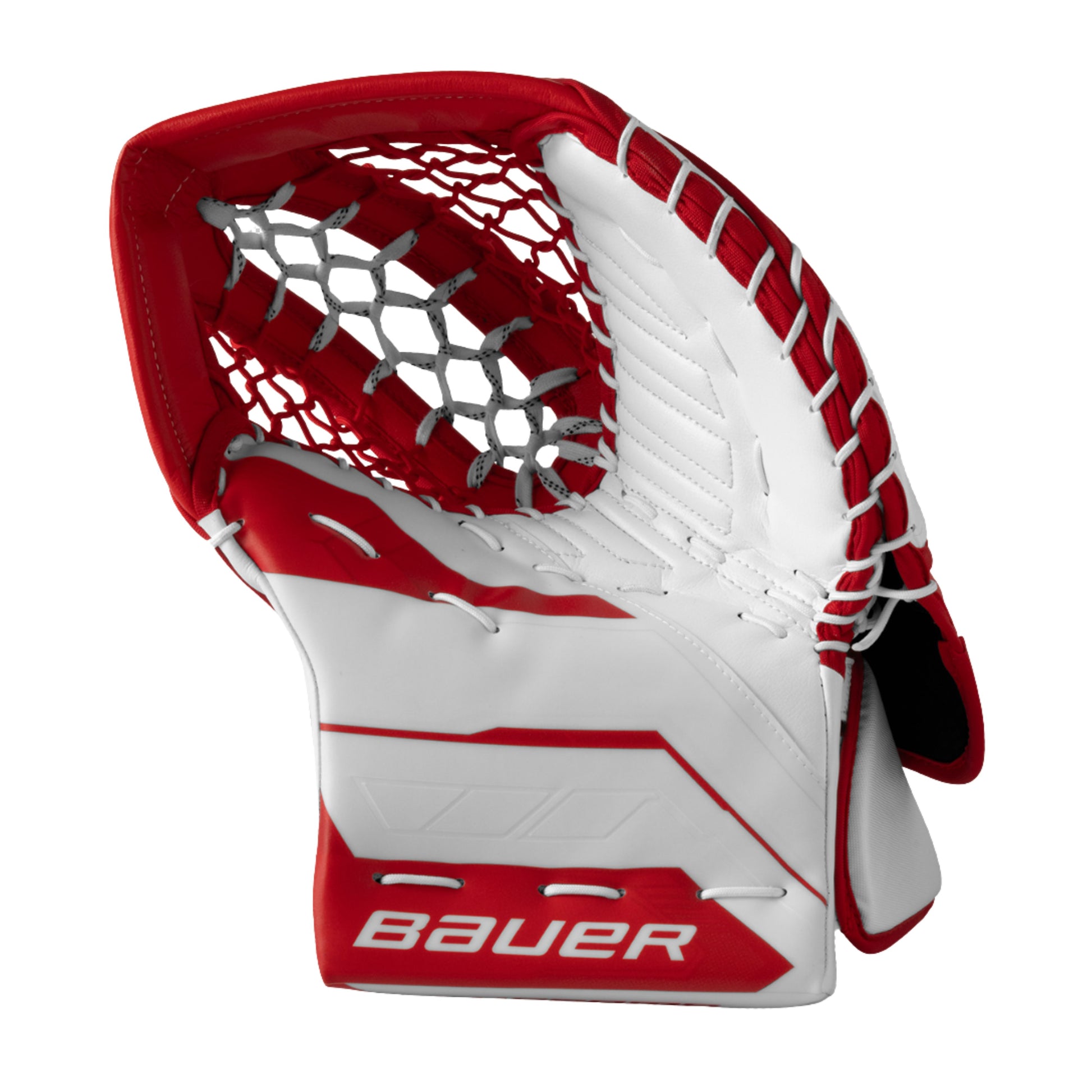 A photo of the Bauer Supreme Fuse Senior Goalie Catcher in colour white and red.