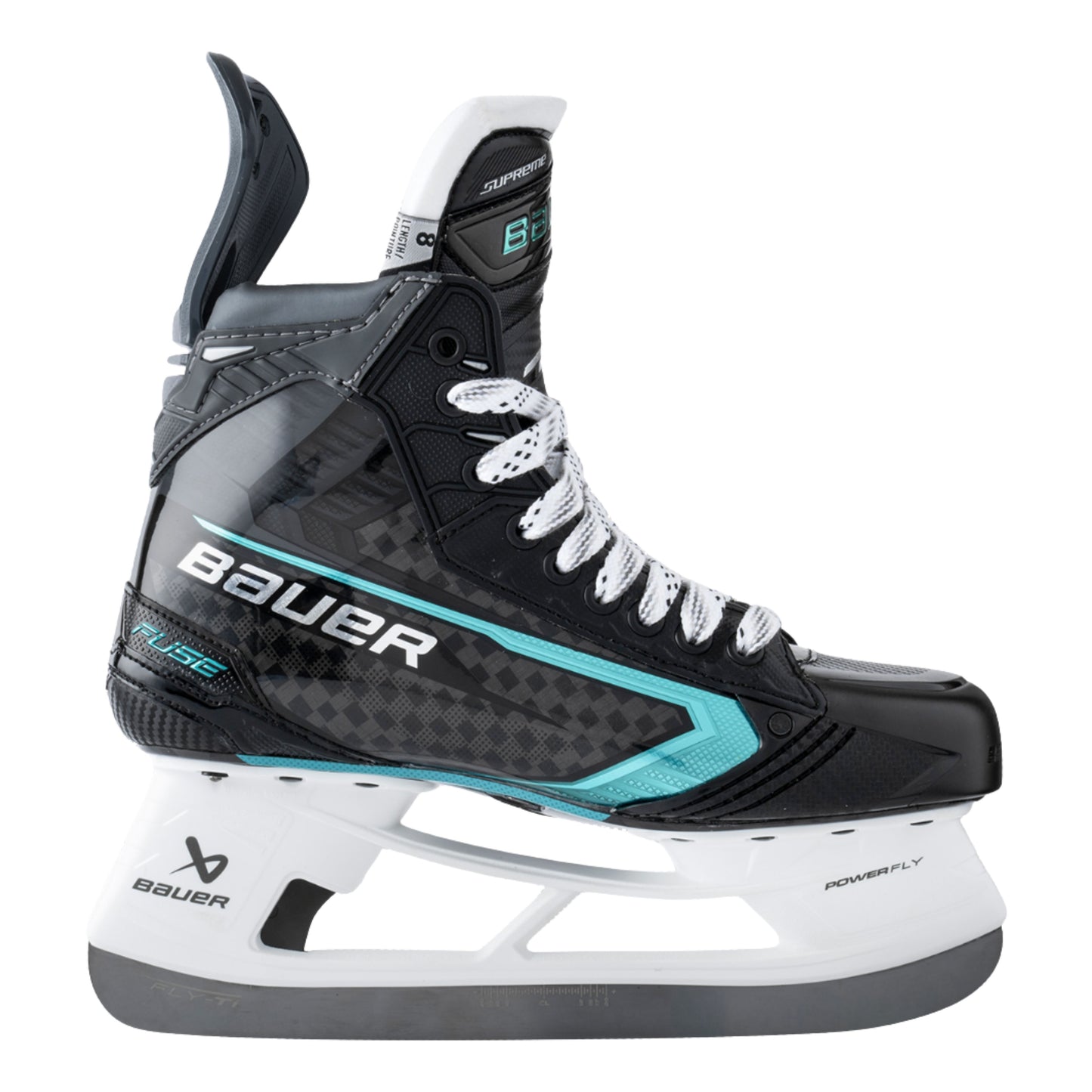 A photo of the Bauer Supreme Fuse Hockey Skates in colour black, white and light blue.