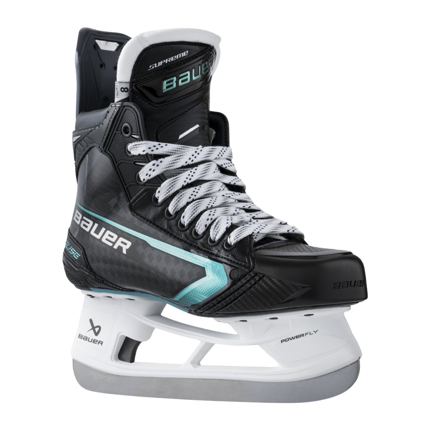 A photo of the Bauer Supreme Fuse Hockey Skates in colour black, white and light blue.