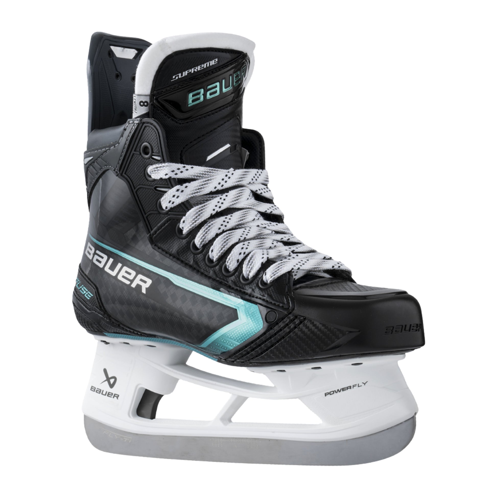 A photo of the Bauer Supreme Fuse Hockey Skates in colour black, white and light blue.