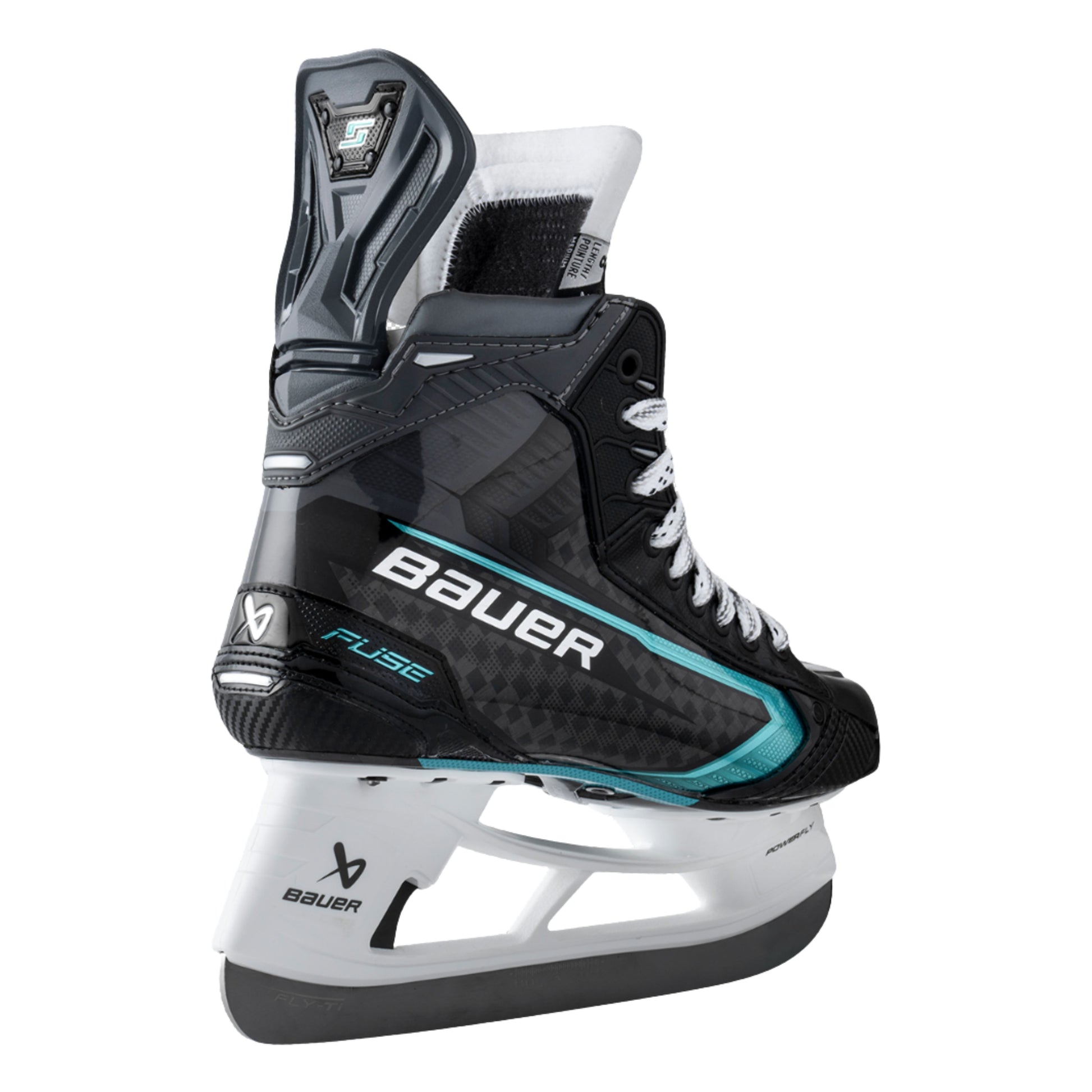 A photo of the Bauer Supreme Fuse Hockey Skates in colour black, white and light blue.
