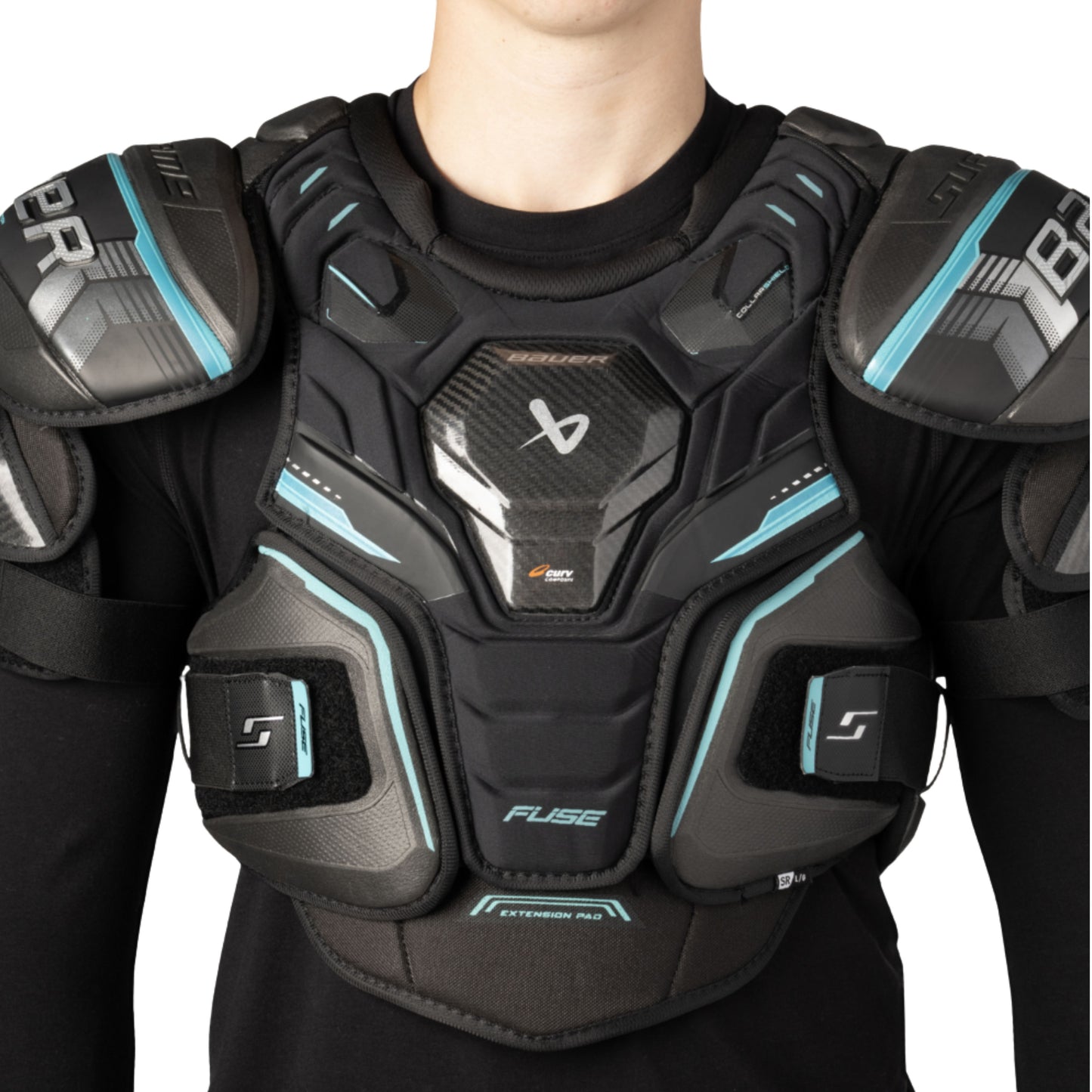 A photo of the Bauer Supreme Fuse Shoulder Pads in colour black and blue.
