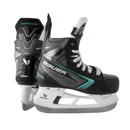 A photo of the Bauer Supreme Fuse Youth Hockey Skates (2026) in colour black and blue with FLY-X blades and a white BAUER logo.