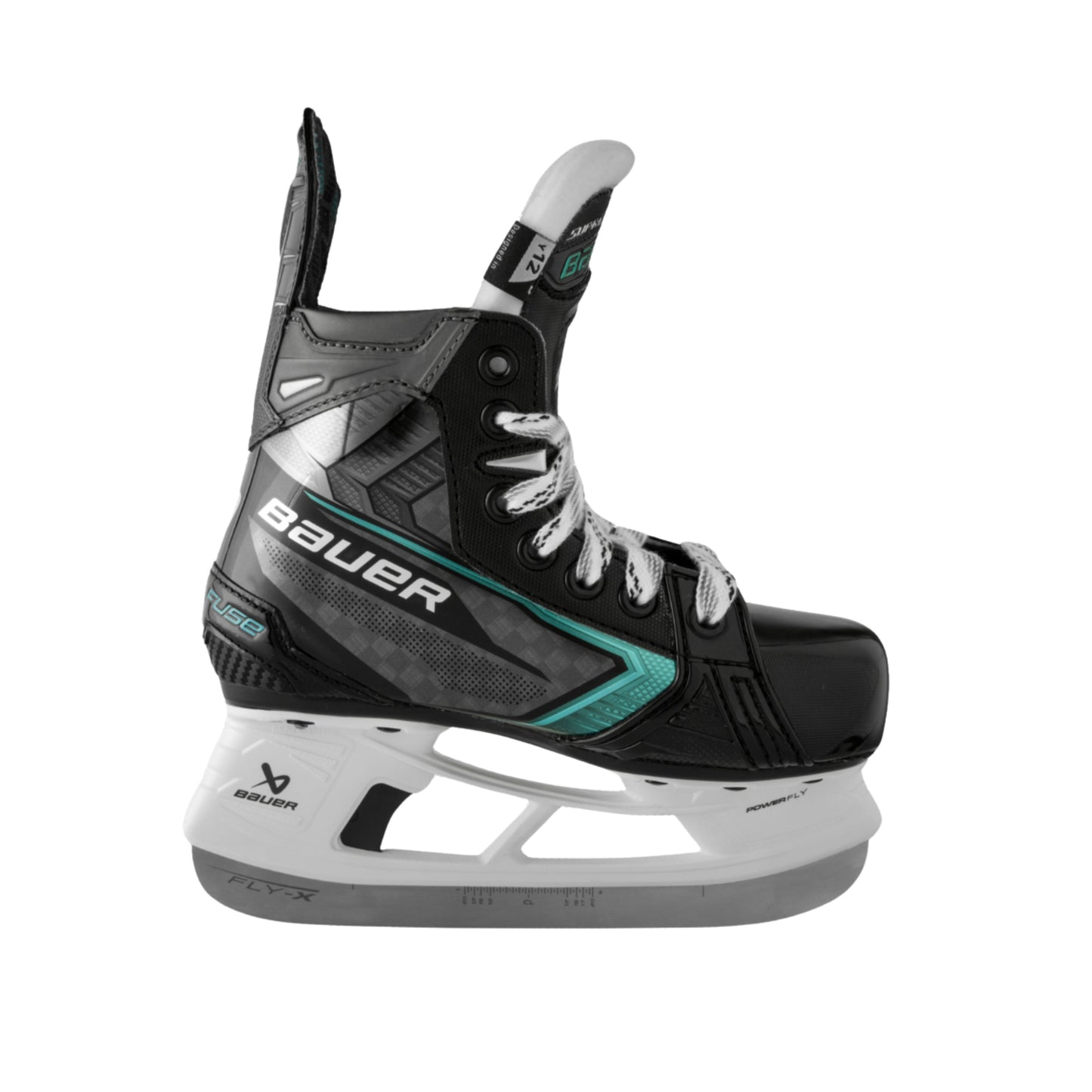 A photo of the Bauer Supreme Fuse Youth Hockey Skates (2026) in colour black and blue with FLY-X blades and a white BAUER logo.