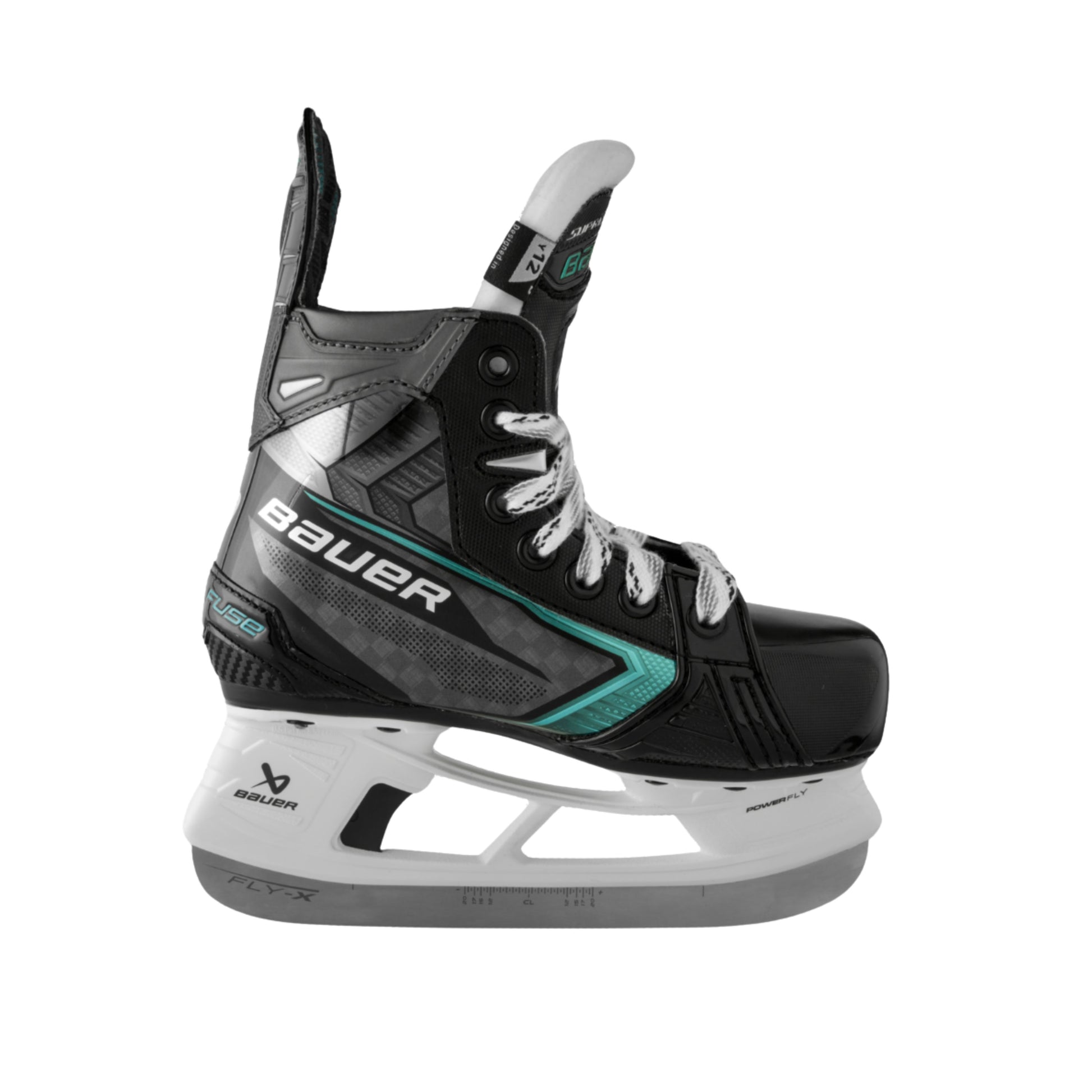A photo of the Bauer Supreme Fuse Youth Hockey Skates (2026) in colour black and blue with FLY-X blades and a white BAUER logo.