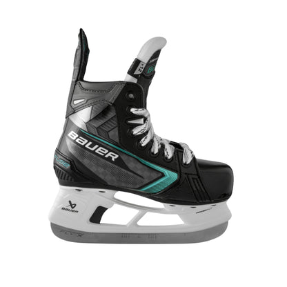 A photo of the Bauer Supreme Fuse Youth Hockey Skates (2026) in colour black and blue with FLY-X blades and a white BAUER logo.
