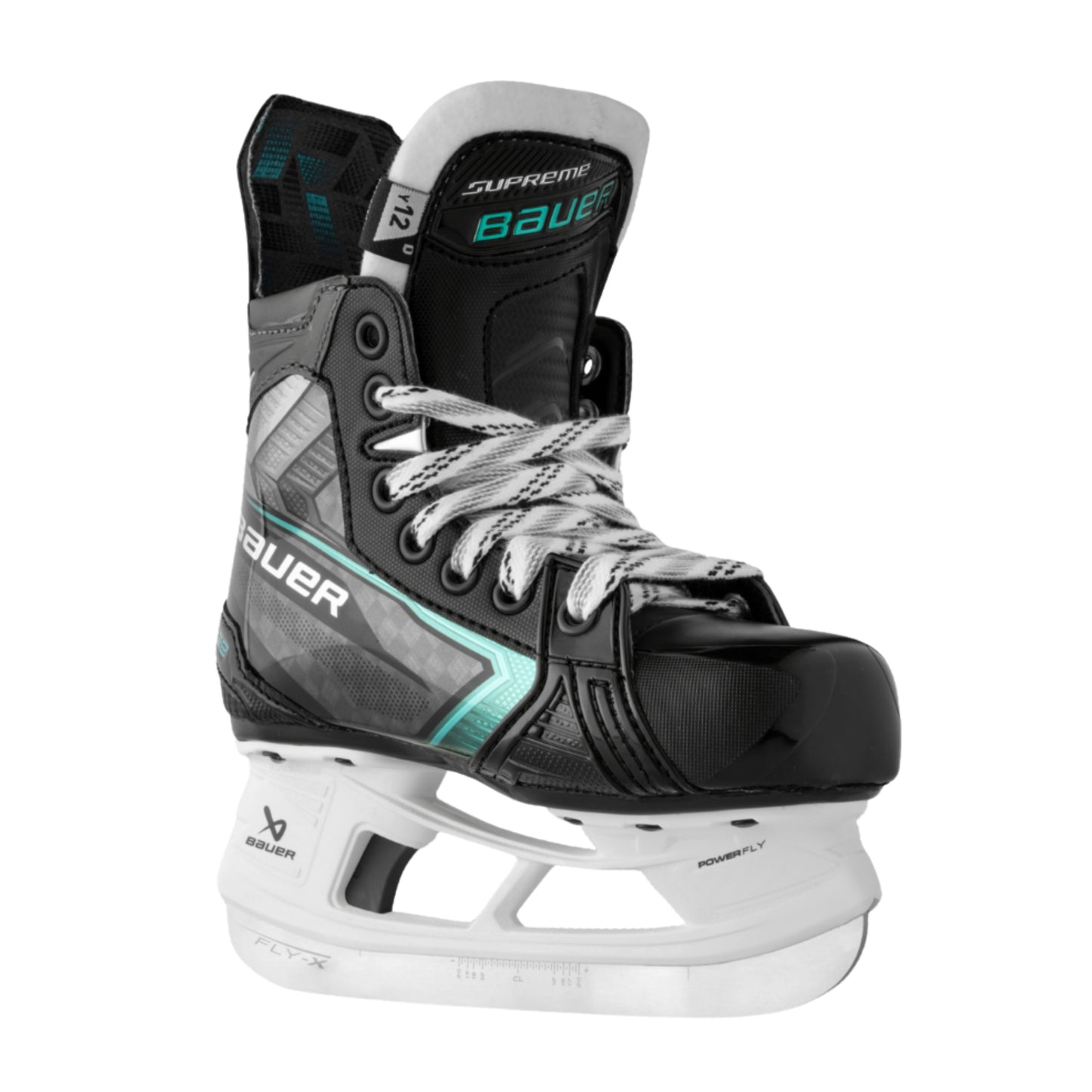 A photo of the Bauer Supreme Fuse Youth Hockey Skates (2026) in colour black and blue with FLY-X blades and a white BAUER logo.