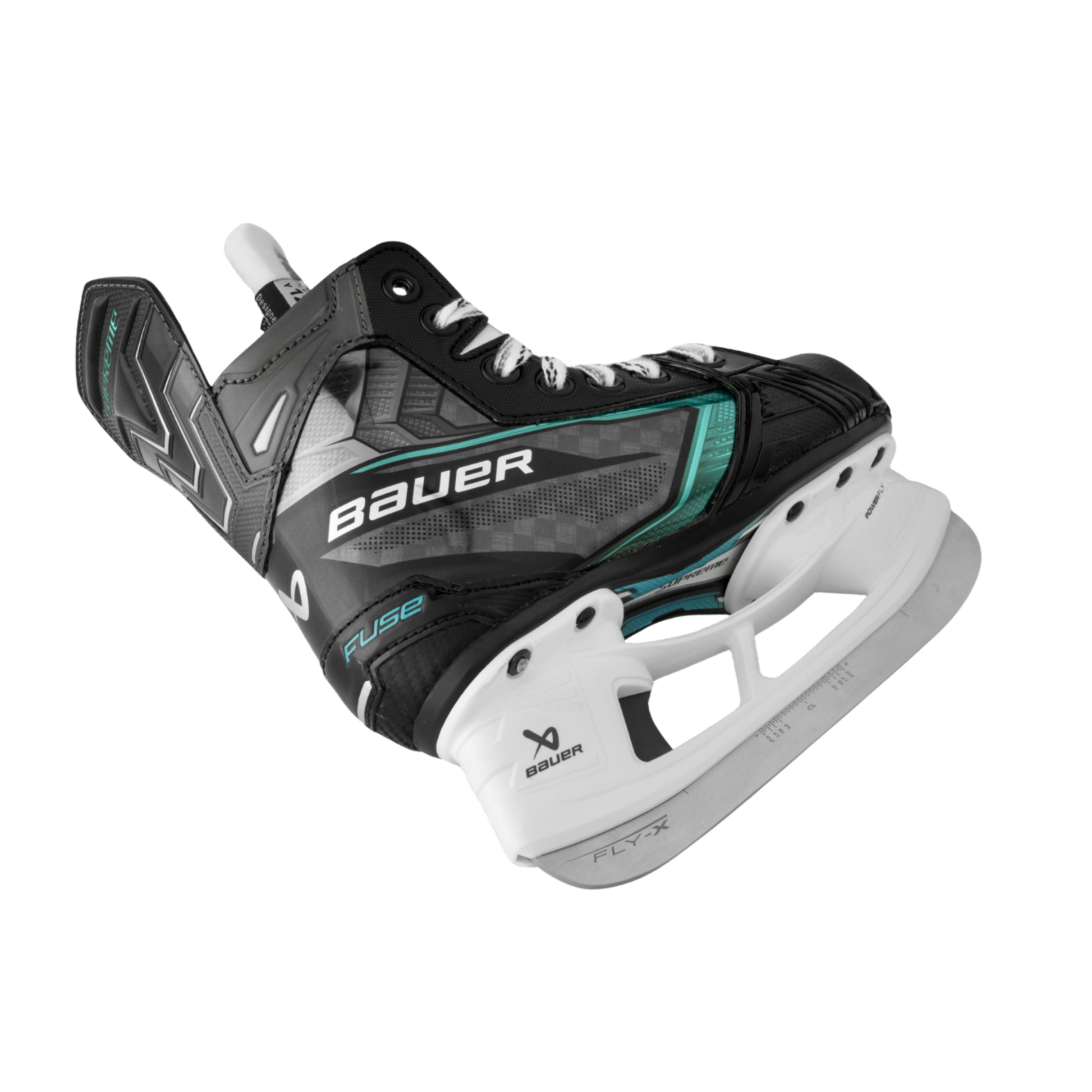 A photo of the Bauer Supreme Fuse Youth Hockey Skates (2026) in colour black and blue with FLY-X blades and a white BAUER logo.