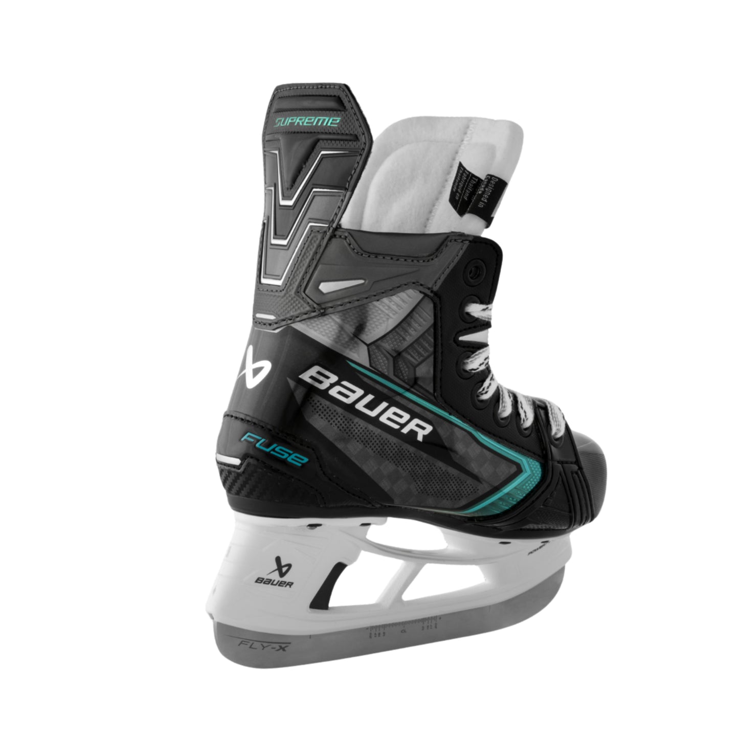 A photo of the Bauer Supreme Fuse Youth Hockey Skates (2026) in colour black and blue with FLY-X blades and a white BAUER logo.