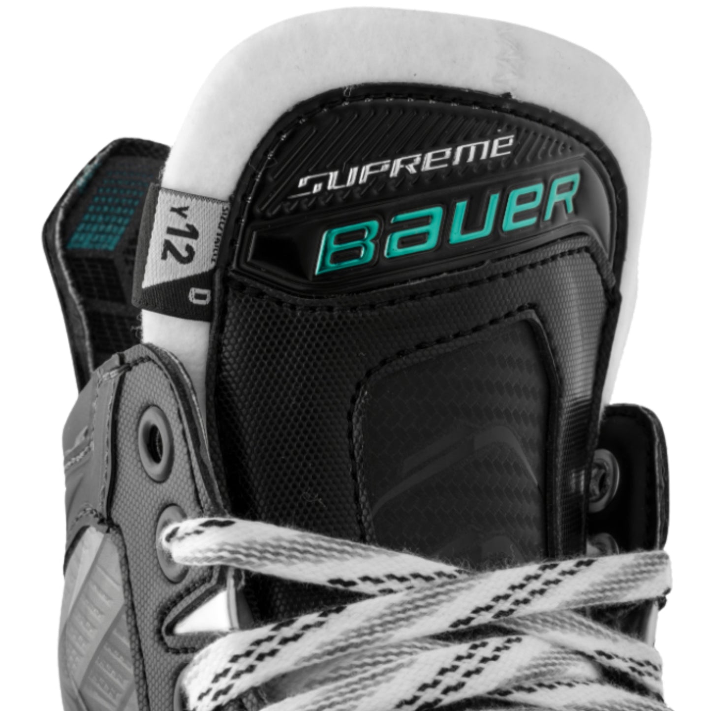 A photo of the Bauer Supreme Fuse Youth Hockey Skates (2026) in colour black and blue with FLY-X blades and a white BAUER logo.