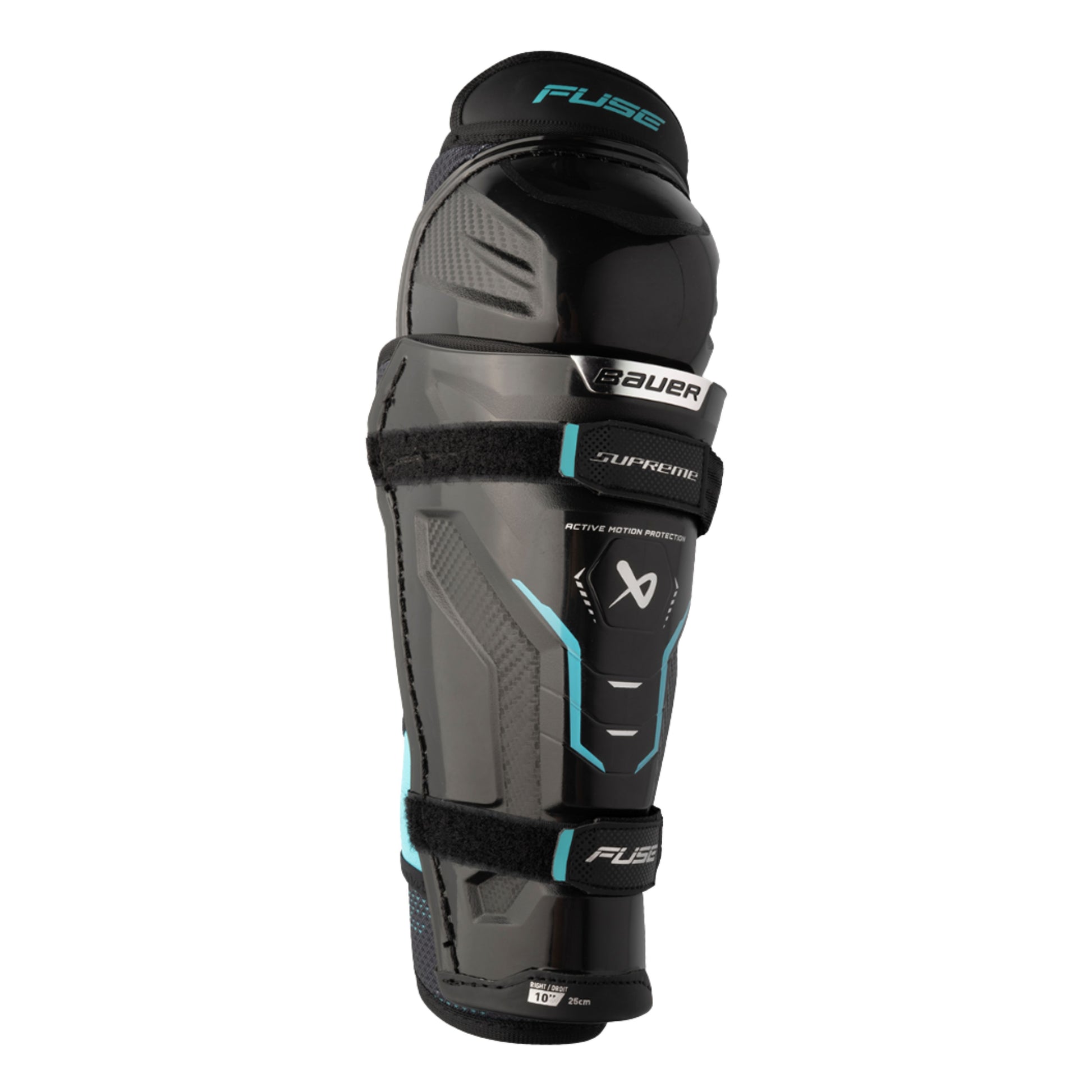 A photo of the Bauer Supreme Fuse Youth Shin Guard in colour black and blue.