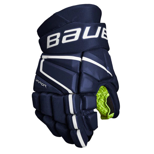 A photo of the Bauer Vapor 3X Junior Hockey Gloves in colour navy, front view.