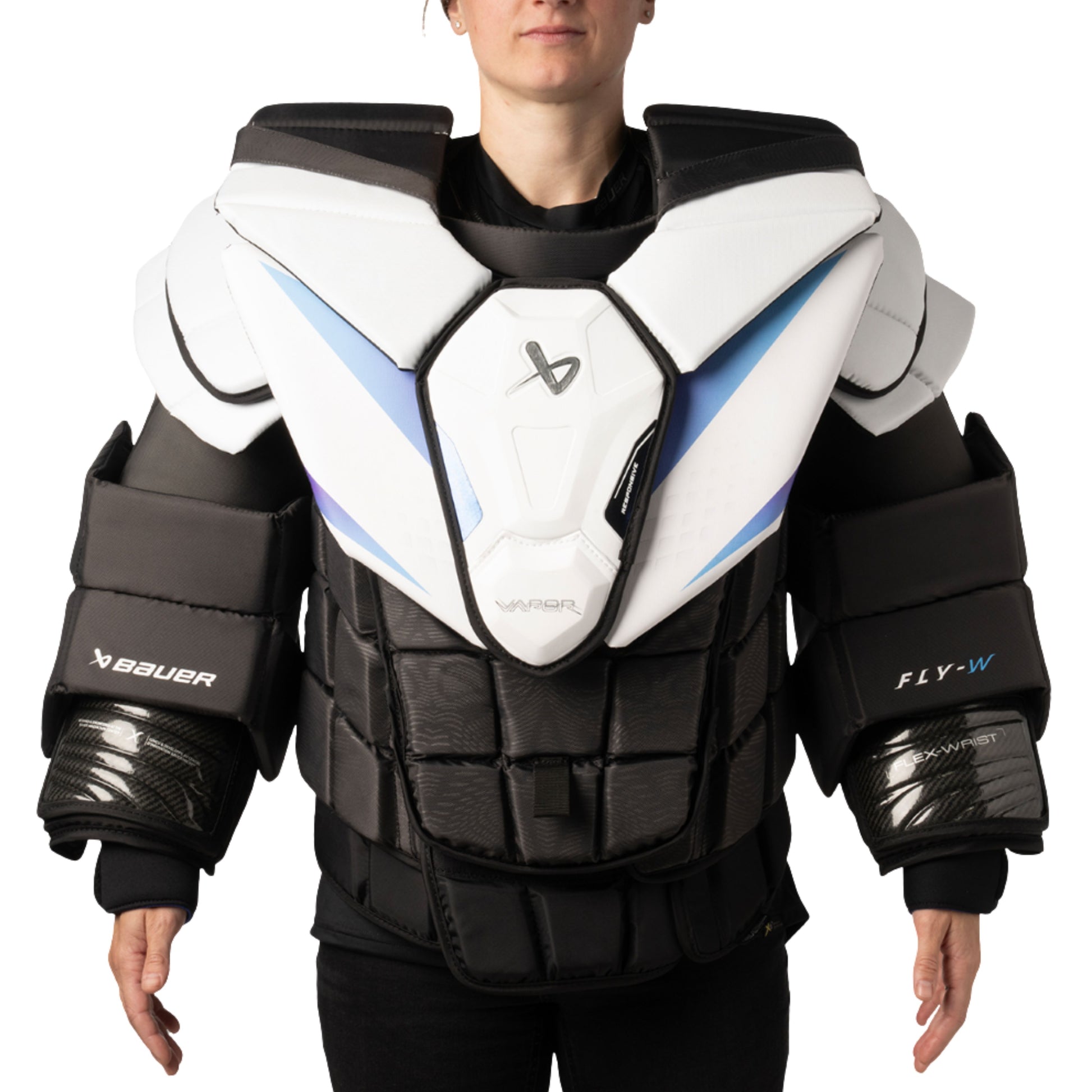 A photo of the Bauer Vapor Fly WMNS Senior Chest Protector in colour white, black and blue.