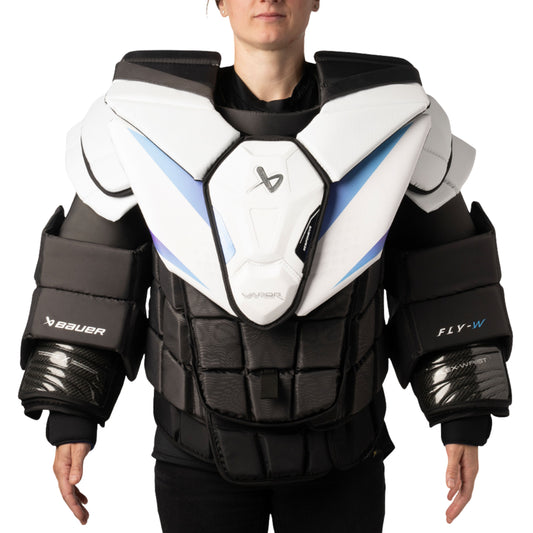 A photo of the Bauer Vapor Fly WMNS Senior Chest Protector in colour white, black and blue.