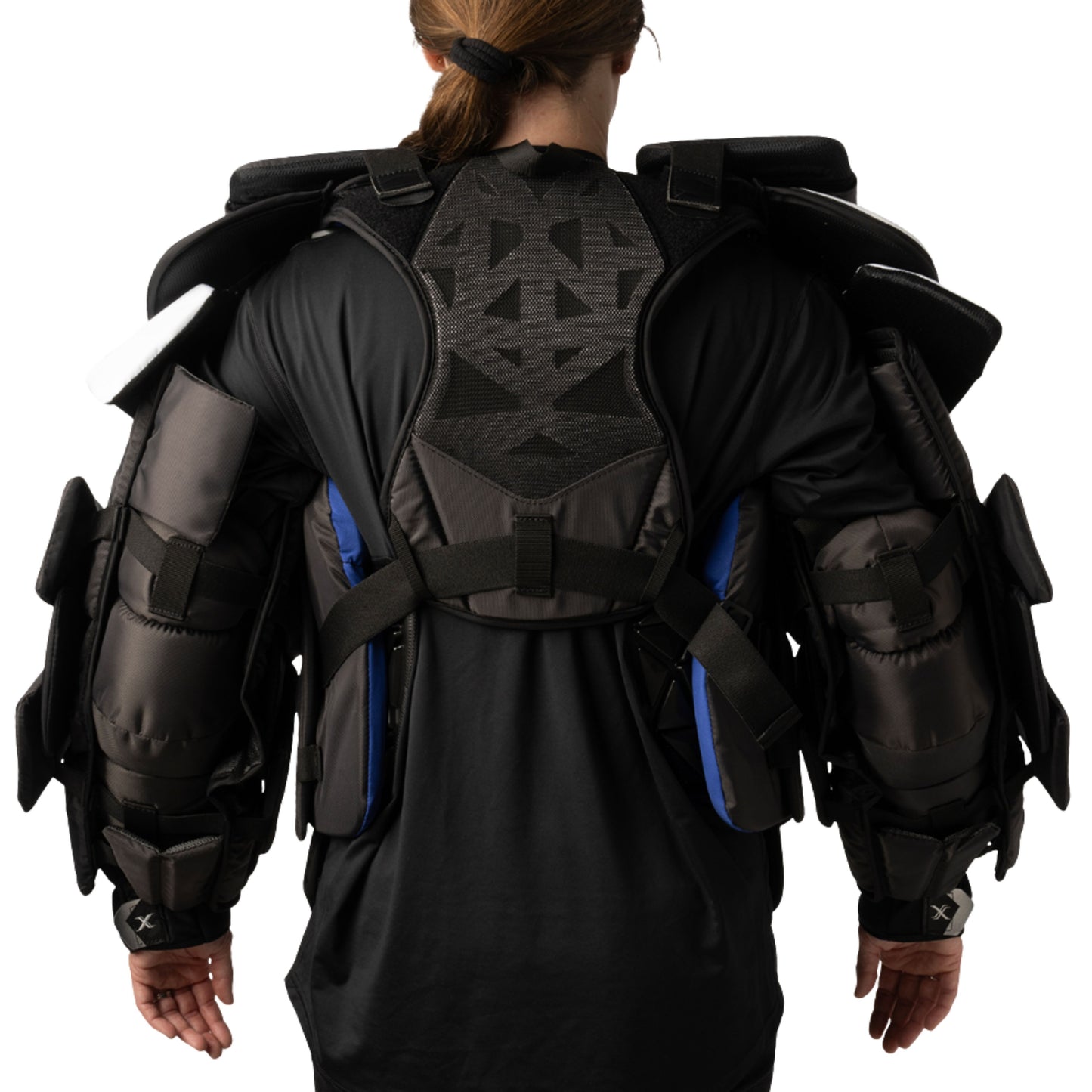 A photo of the Bauer Vapor Fly WMNS Senior Chest Protector in colour white, black and blue.