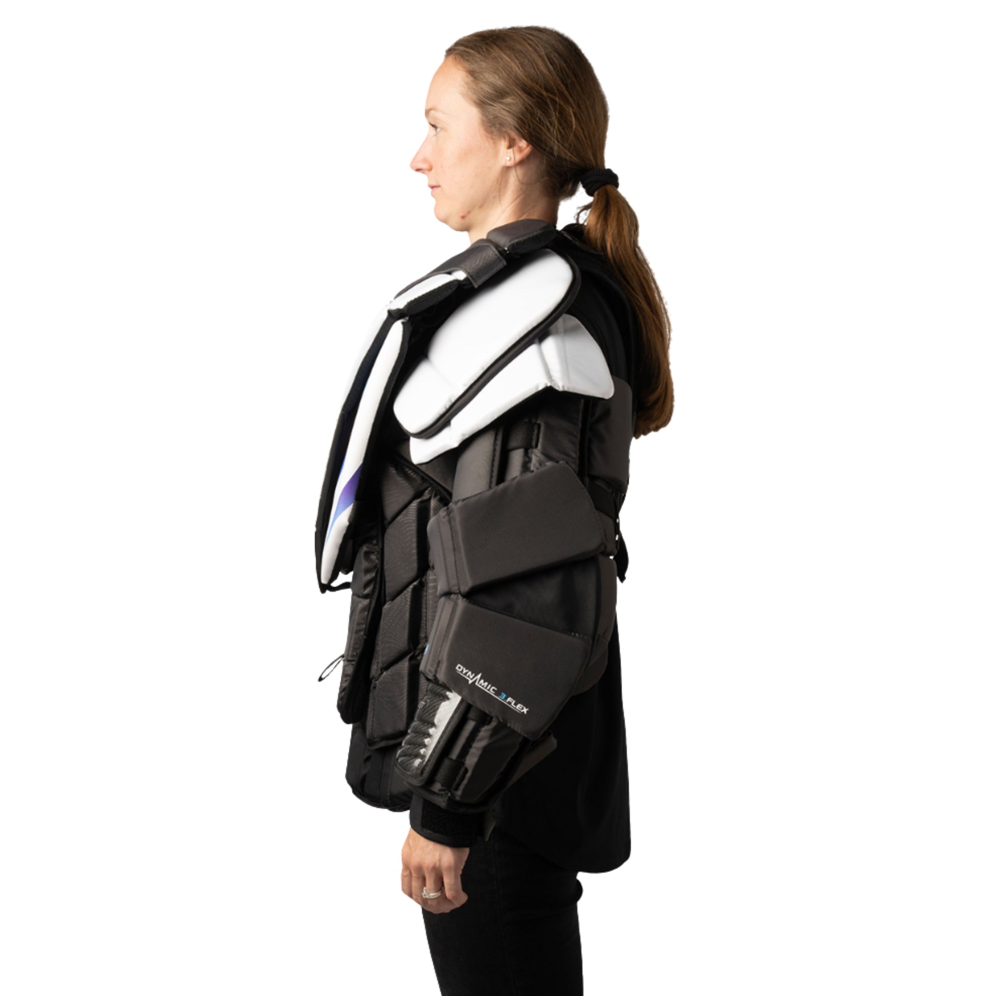 A photo of the Bauer Vapor Fly WMNS Senior Chest Protector in colour white, black and blue.