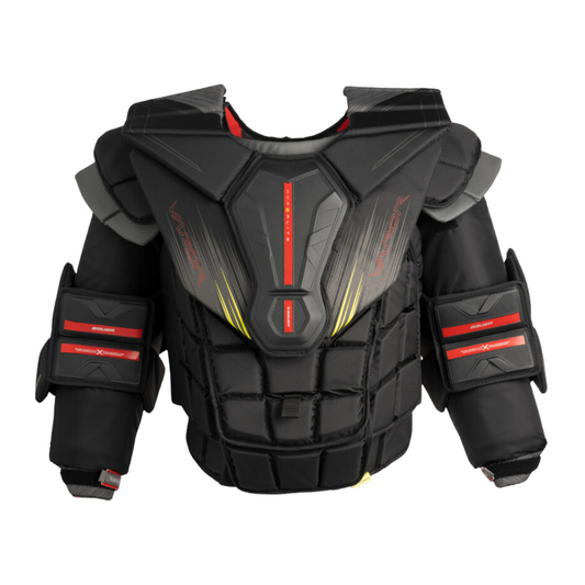 A photo of the Bauer Vapor Hyperlite 2 Senior Chest Protector in colour black and red. Front view.