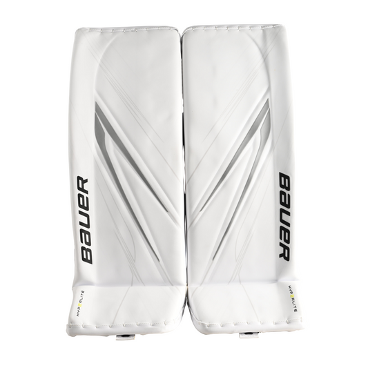 A photo of the Bauer Vapor Hyperlite 2 Senior Goalie Pads in colour white. Front view.