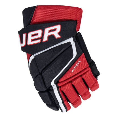 A photo of the Bauer Vapor Shift Pro Junior Hockey Gloves - Source Exclusive in colour black and red, front view.