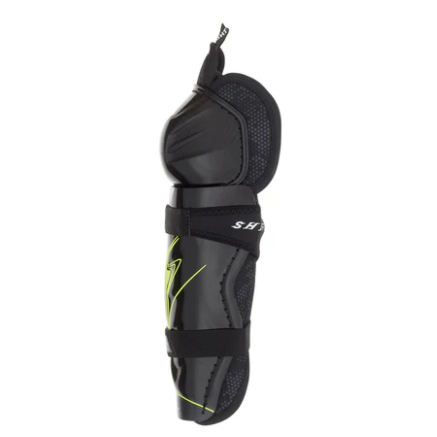 A photo of the Bauer Vapor Shift Pro Youth Shin Guard (2025) in colour black and green.