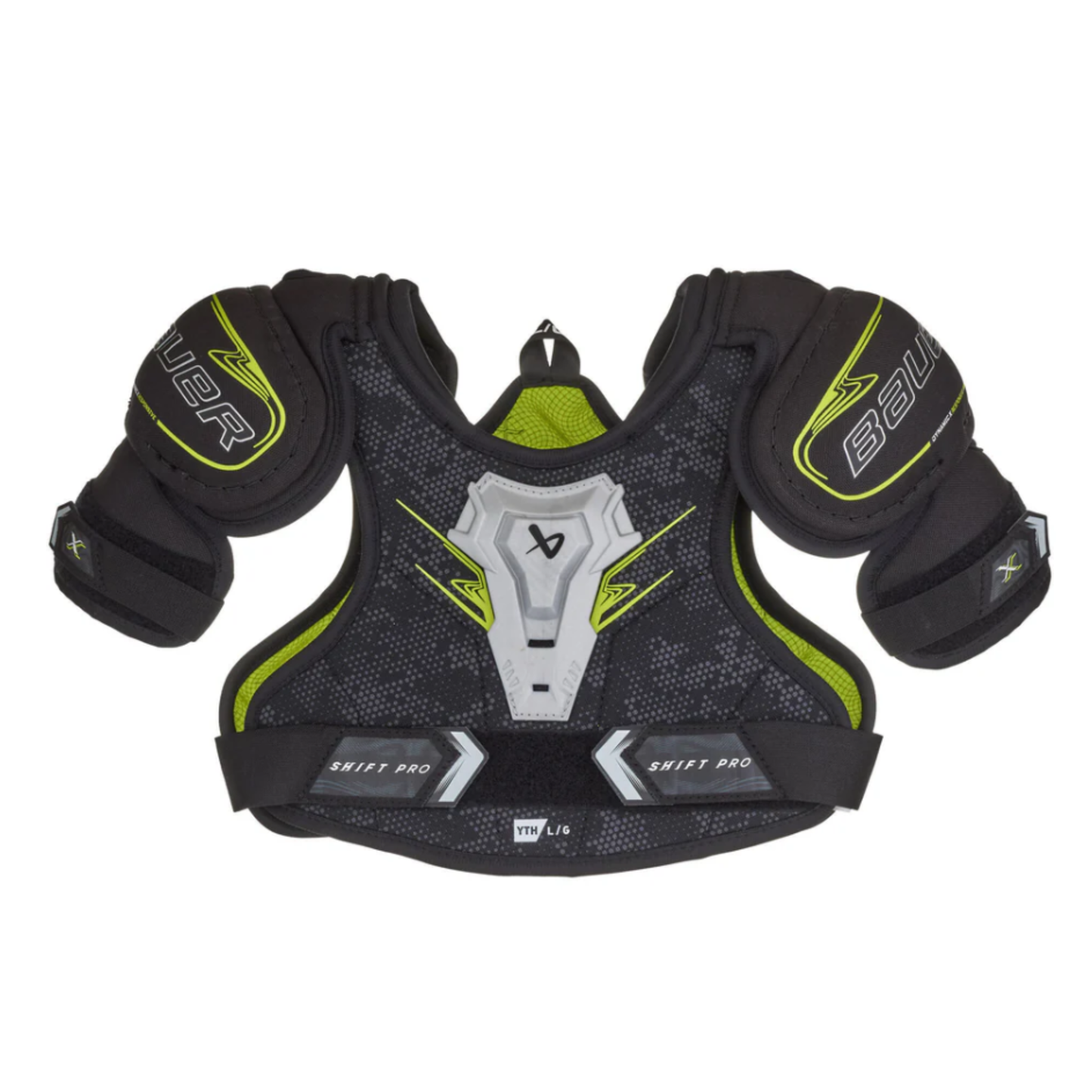 A photo of the Bauer Vapor Shift Pro Youth Shoulder Pads (2025) in colour black and green.