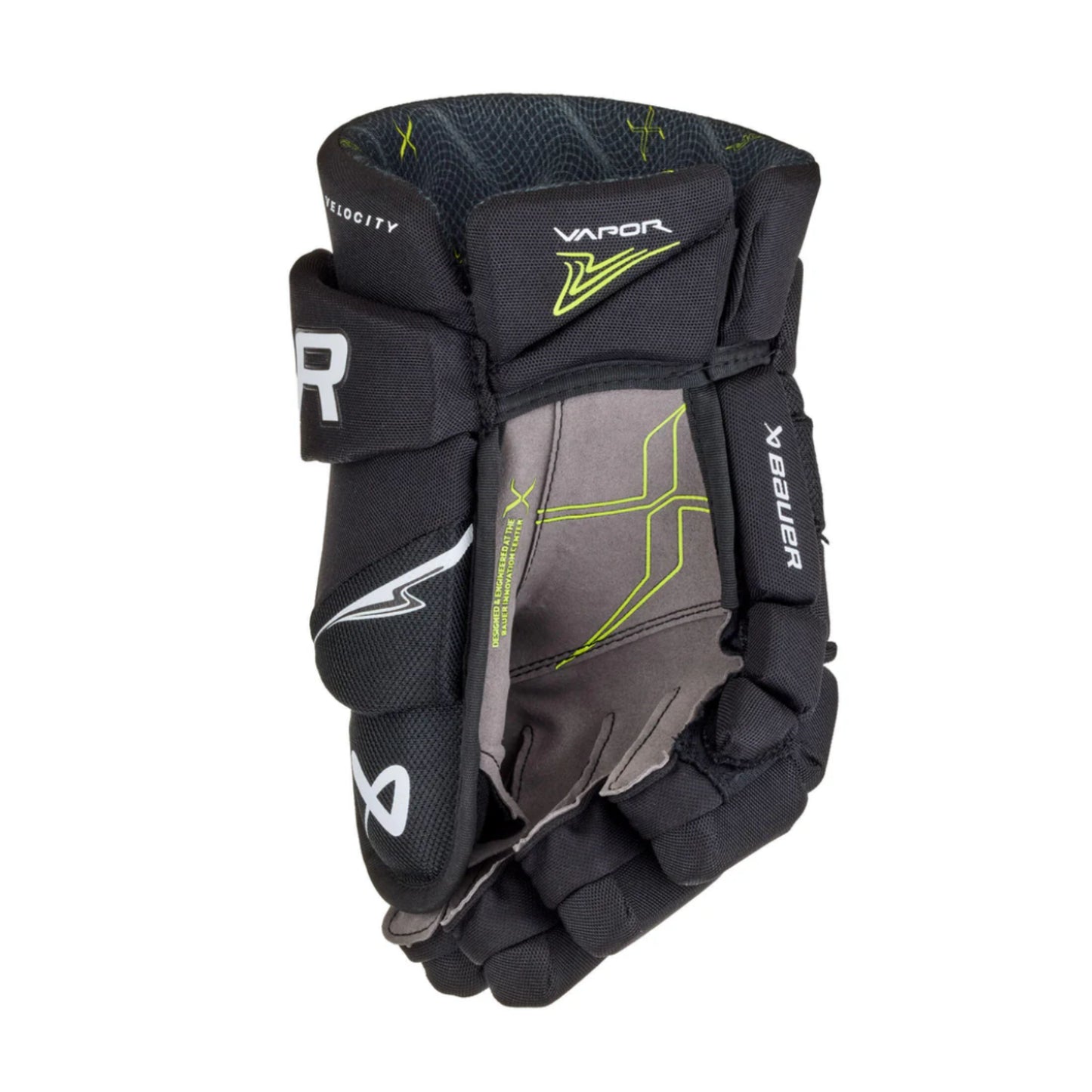 A photo of the Bauer Vapor Velocity Hockey Gloves in colour black and white.