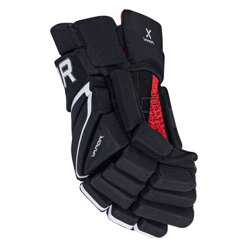 A photo of the Bauer Vapor Velocity Youth Hockey Gloves (2022) - Source Exclusive in colour black and white, back view.