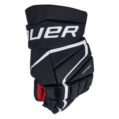 A photo of the Bauer Vapor Velocity Youth Hockey Gloves (2022) - Source Exclusive in colour black and white, front view.