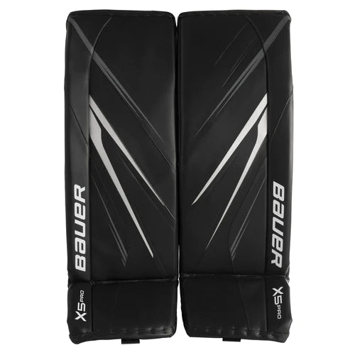 A photo of the Bauer Vapor X5 Pro Intermediate Goalie Pads in colour black. Front view.