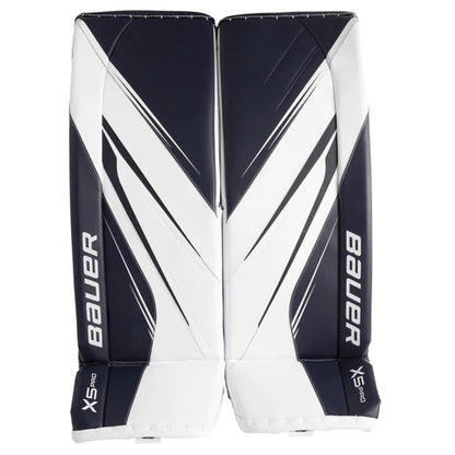 A photo of the Bauer Vapor X5 Pro Intermediate Goalie Pads in colour white and navy. Front view.