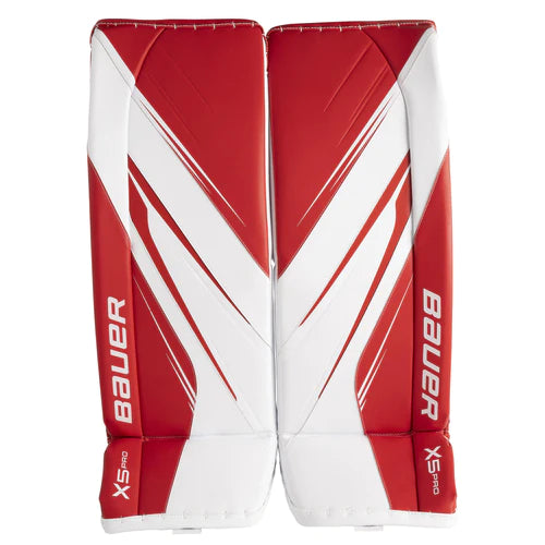 A photo of the Bauer Vapor X5 Pro Intermediate Goalie Pads in colour white and red. Front view.