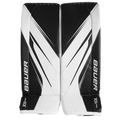 A photo of the Bauer Vapor X5 Pro Intermediate Goalie Pads in colour white and black. Front view.