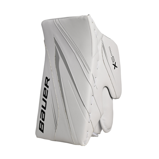 A photo of the Bauer Vapor X5 Pro Senior Goalie Blocker in colour white. Front view.