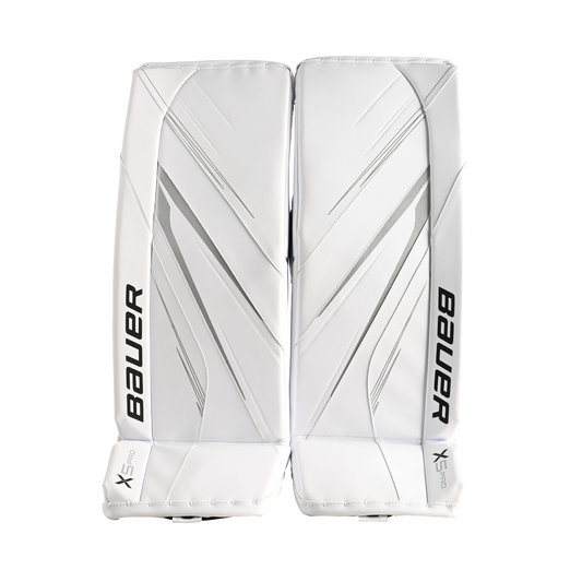 A photo of the Bauer Vapor X5 Pro Senior Goalie Pads in colour white. Front view.