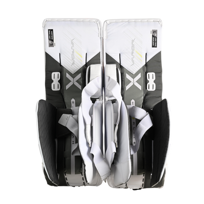 A photo of the Bauer Vapor X5 Pro Intermediate Goalie Pads in colour white. Back view.