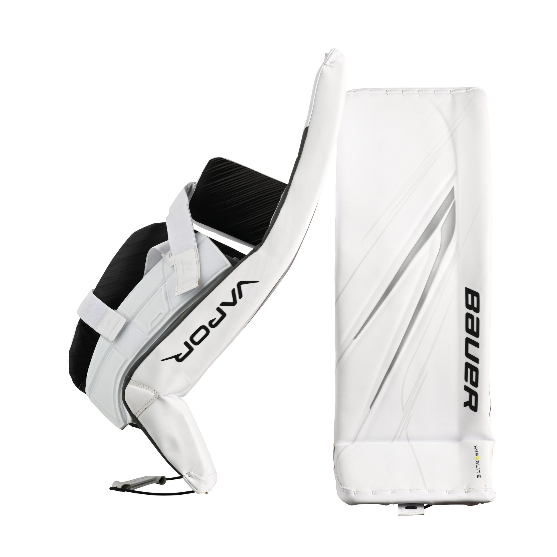 A photo of the Bauer Vapor X5 Pro Intermediate Goalie Pads in colour white. Side view.