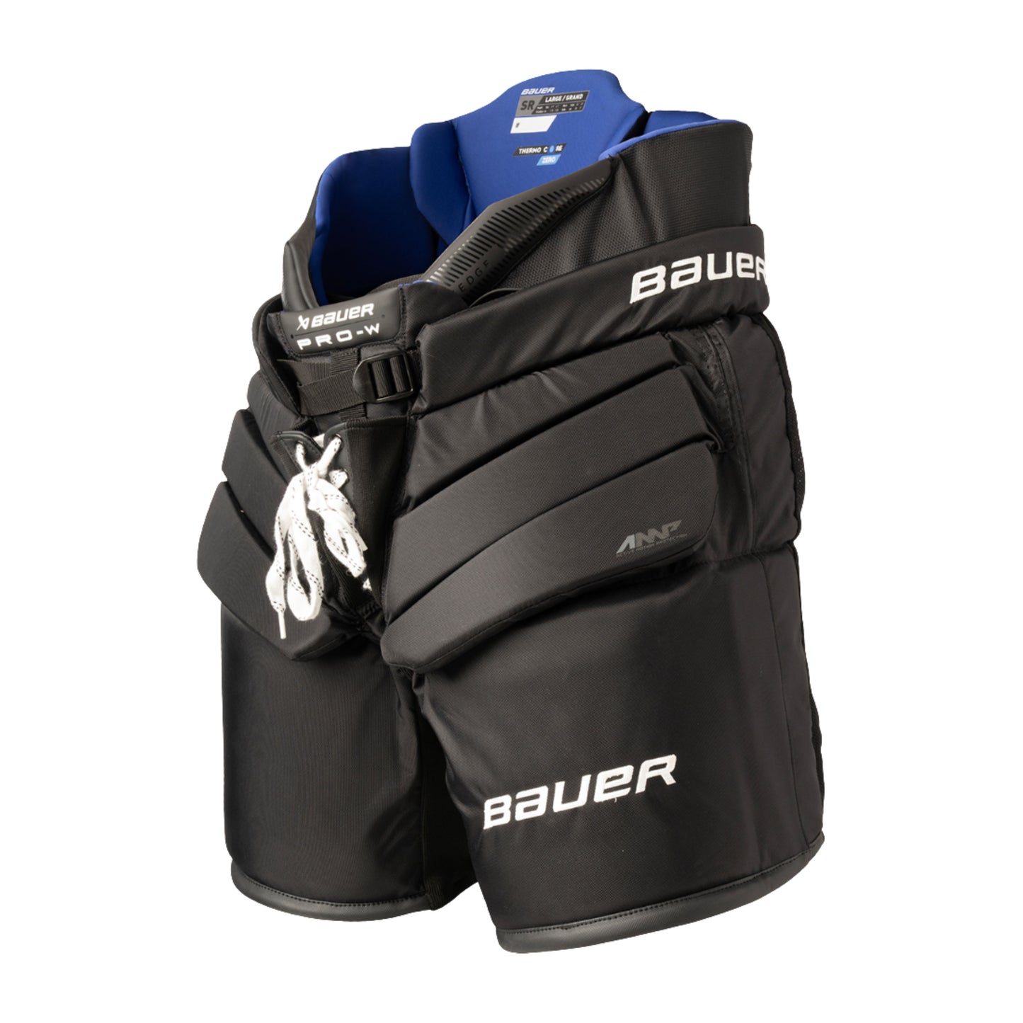 A photo of the Bauer WMNS PRO-W Senior Goal Pant in colour black and blue.