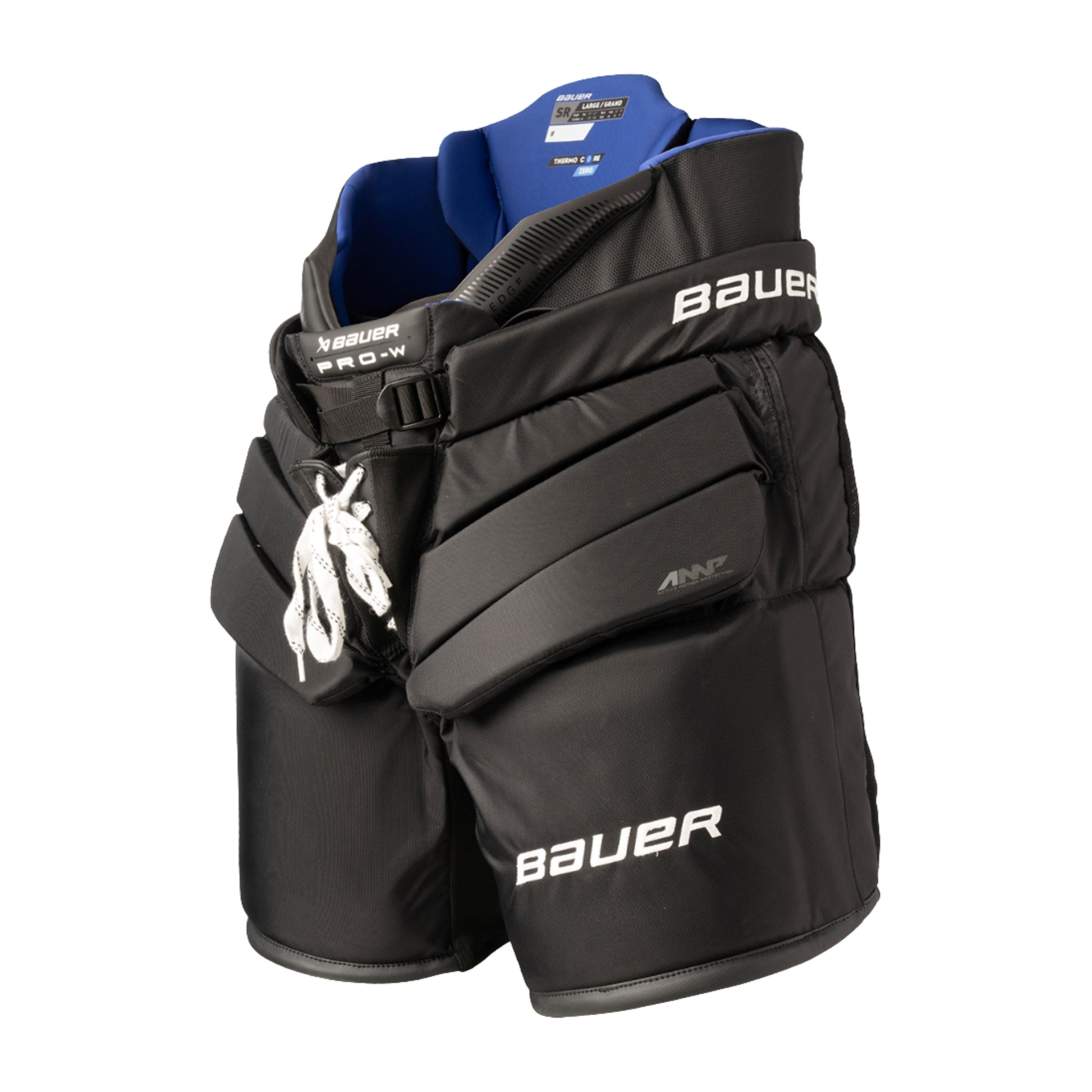 A photo of the Bauer WMNS PRO-W Senior Goal Pant in colour black and blue.