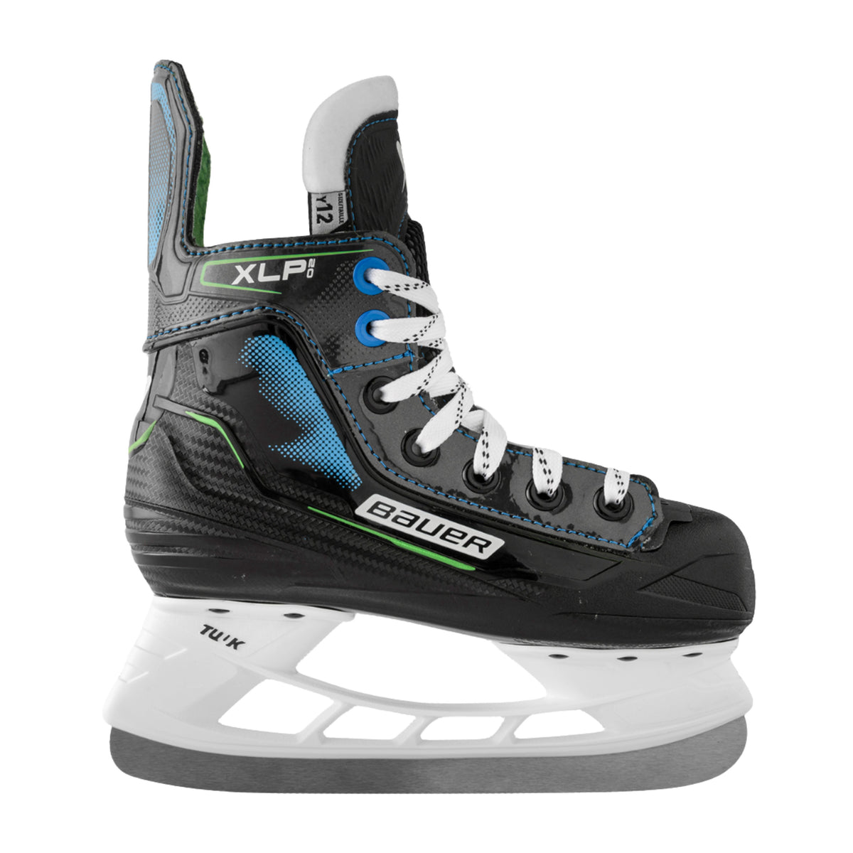 A photo of the Bauer X-LP 2.0 Youth Hockey Skates (2026) in colour black, blue and green.