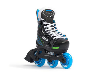 A photo of black Bauer X-LP Adjustable Youth Roller Skate with blue wheels.