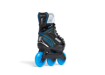 A photo of black Bauer X-LP Adjustable Youth Roller Skate with blue wheels.