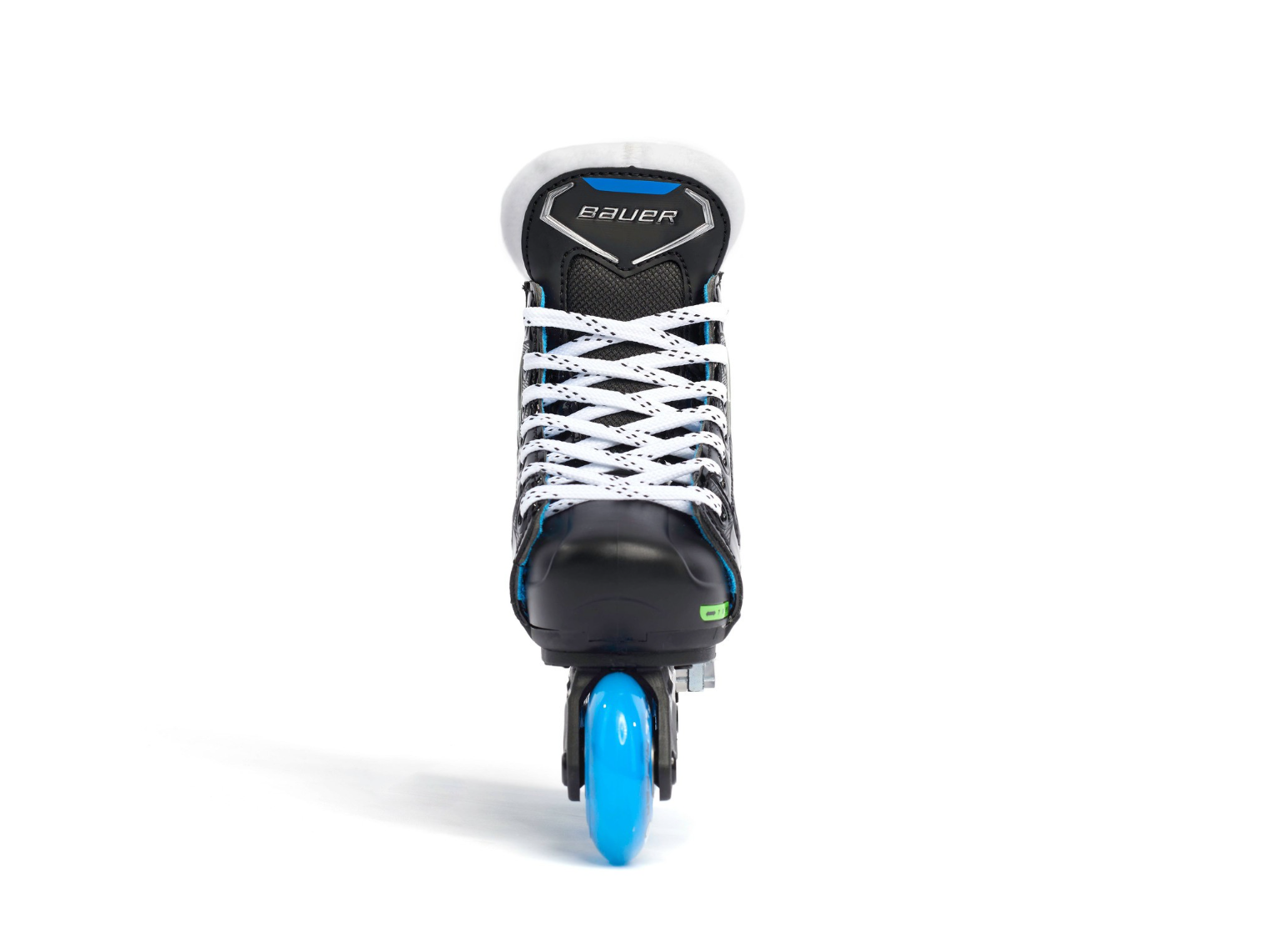 A photo of black Bauer X-LP Adjustable Youth Roller Skate with blue wheels.