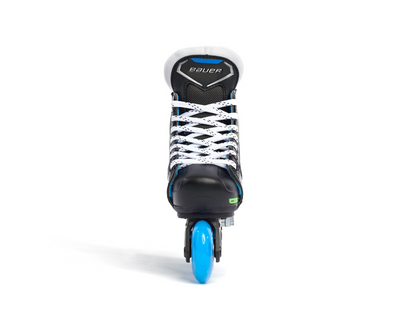 A photo of black Bauer X-LP Adjustable Youth Roller Skate with blue wheels.