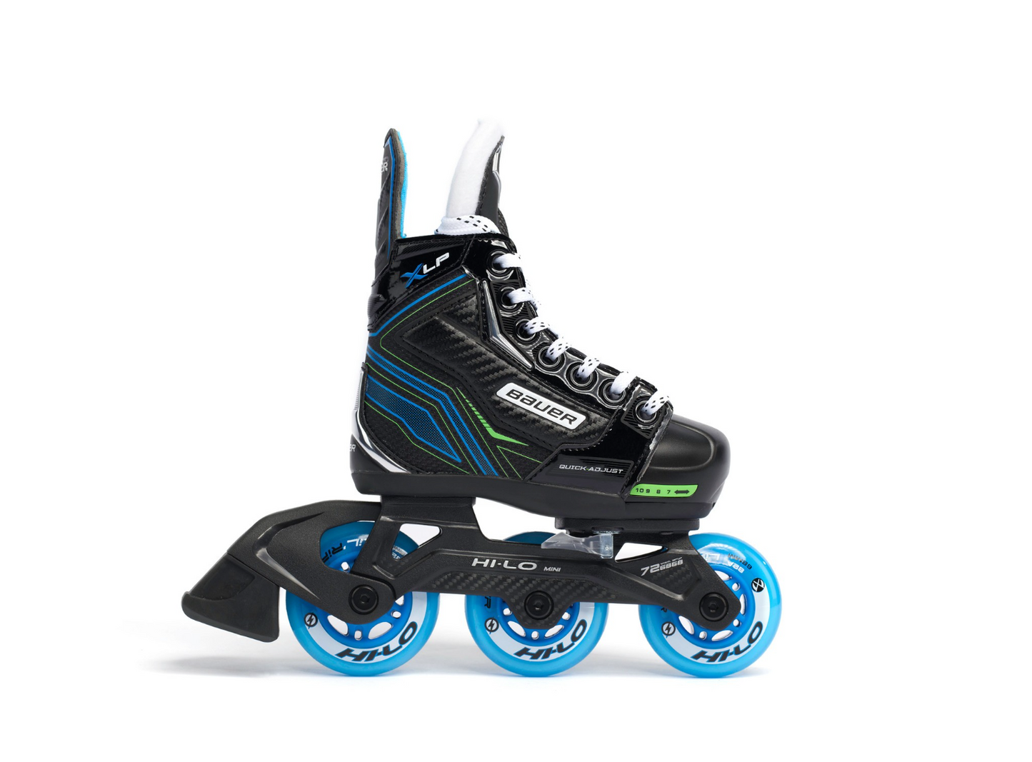 A photo of black Bauer X-LP Adjustable Youth Roller Skate with blue wheels.