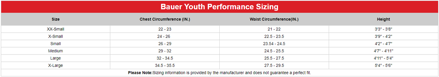 Bauer Performance Youth Jock Pant Size CHart