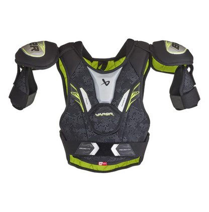 A photo of the Bauer Vapor Velocity Junior Shoulder Pads (2025) in colour black, silver and green.