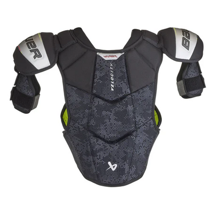 A photo of the Bauer Vapor Velocity Junior Shoulder Pads (2025) in colour black, silver and green.
